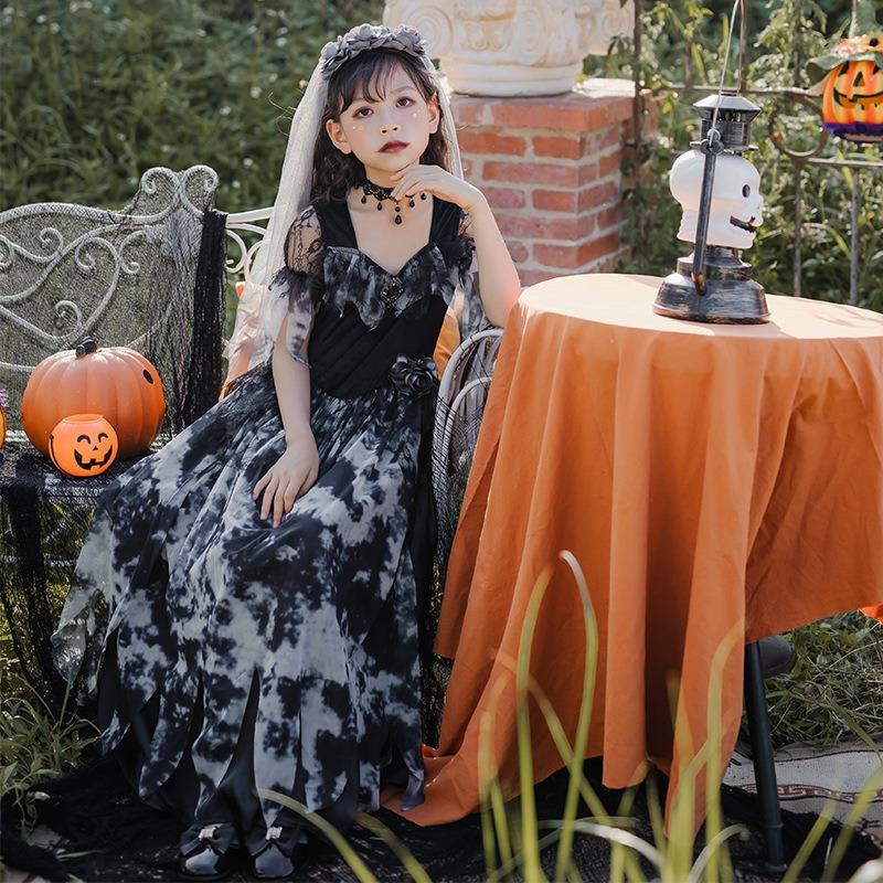 Halloween Children's Costume Ghost Bride Dress Witch Long Dress Stage Children's Costume Gothic Elf Performance Costume