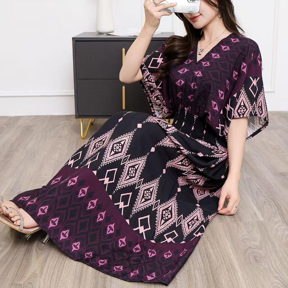 26-Year Floral V-Neck Cotton Silk Batwing Sleeve Beach Dress - Thailand Travel & Vacation Skirt Style