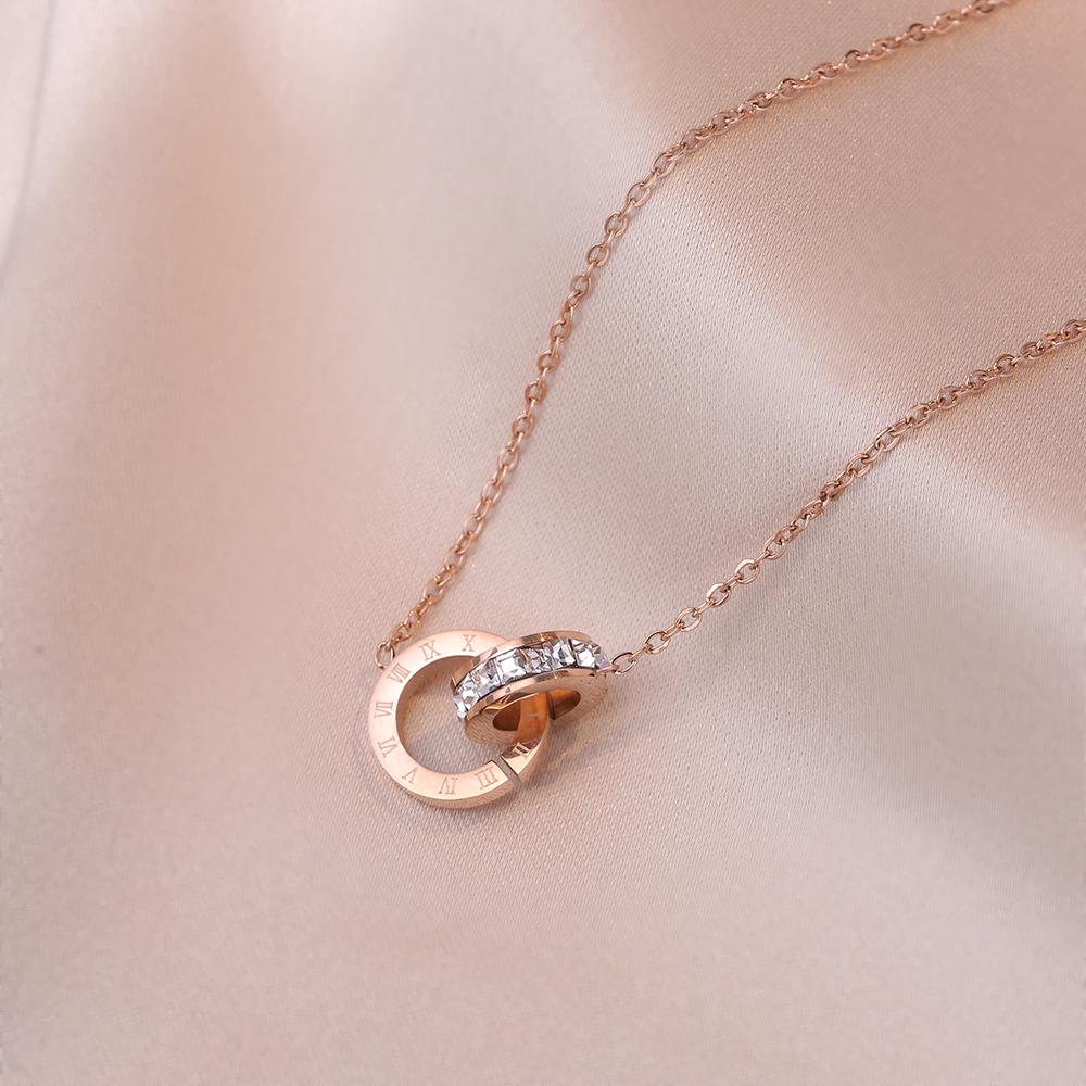 Women's Rose Gold Zircon Double Ring Necklace - Japanese & Korean Style