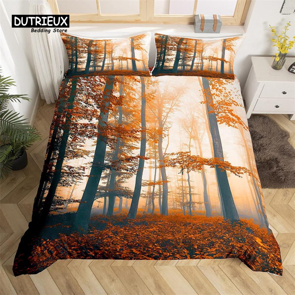 Dense Birch Trees with Red Leaves Duvet Cover Tree Lush King Bedding Set Polyester Jungle Nature Botanical Print Comforter Cover