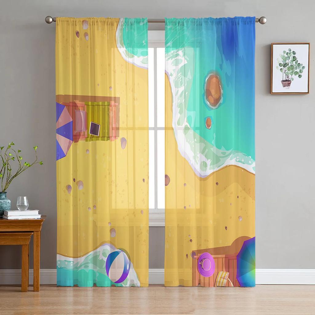 Beach Starfish Shells Leaves Palm Curtains Living Room Bedroom Decor Chiffon Tulle Voile Kitchen Window Curtain Sheer Made Of Polyester Treatment