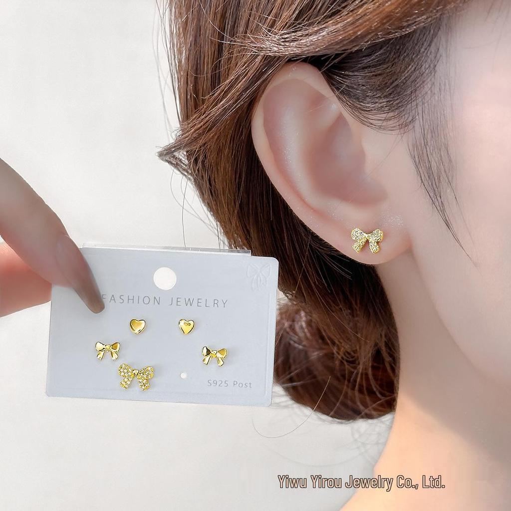 Exquisite Diamond Heart Bow s925 Silver Stud Earrings Set - Sweet & Delicate Three-Piece Collection