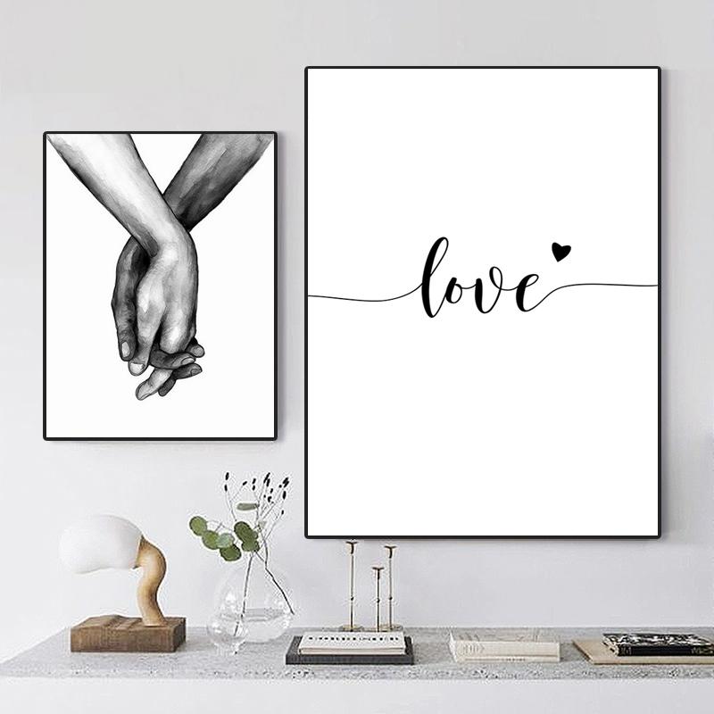 Modern Black White Style Hand In Hand Wall Art Poster Minimalist Print LOVE Quotes Canvas Painting Picture for Living Room Decor