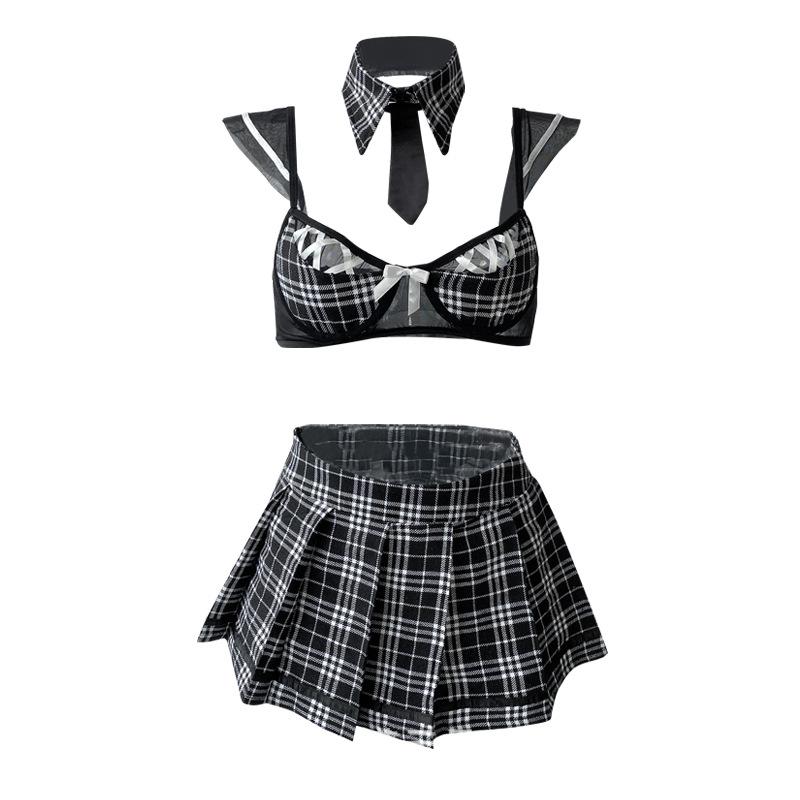 Sex underwear sexy hollow pure desire three-point temptation plaid student uniform suit -