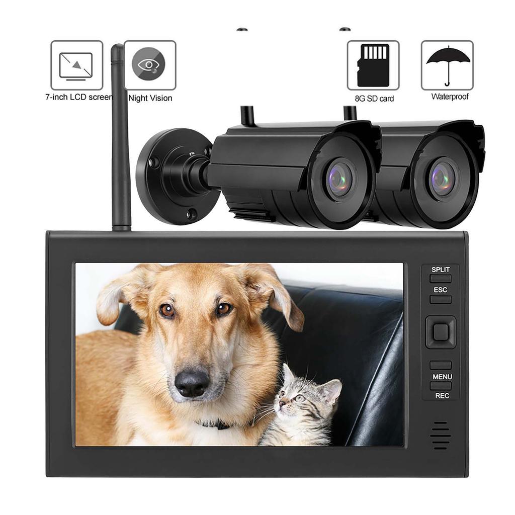 7 Inch LCD Wireless 4CH Security Monitor System Display+Camera 2pcs IR Cameras Memory Card