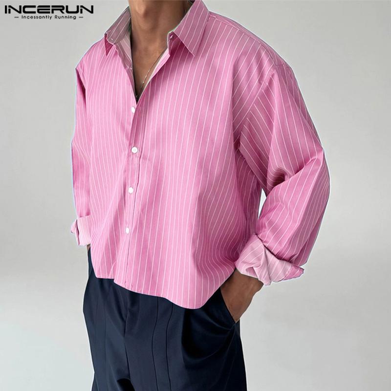 INCERUN Plus Size Men Spring Turn Down Collar Long Sleeve Striped Shirts Casual Tops