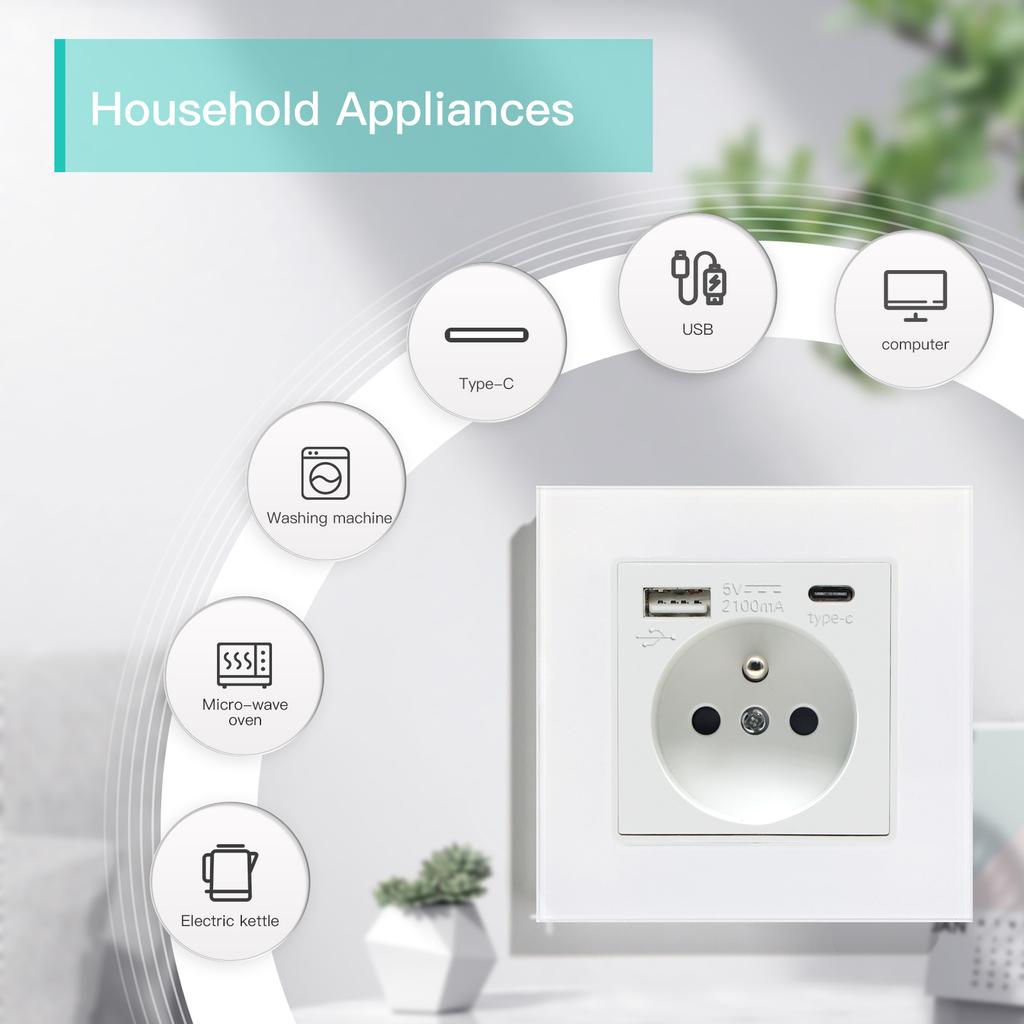 BSEED French Type-C Interface Outlet Wall Socket 16A USB Charge Port Power Socket Glass Crystal Panel Electrical Outlet