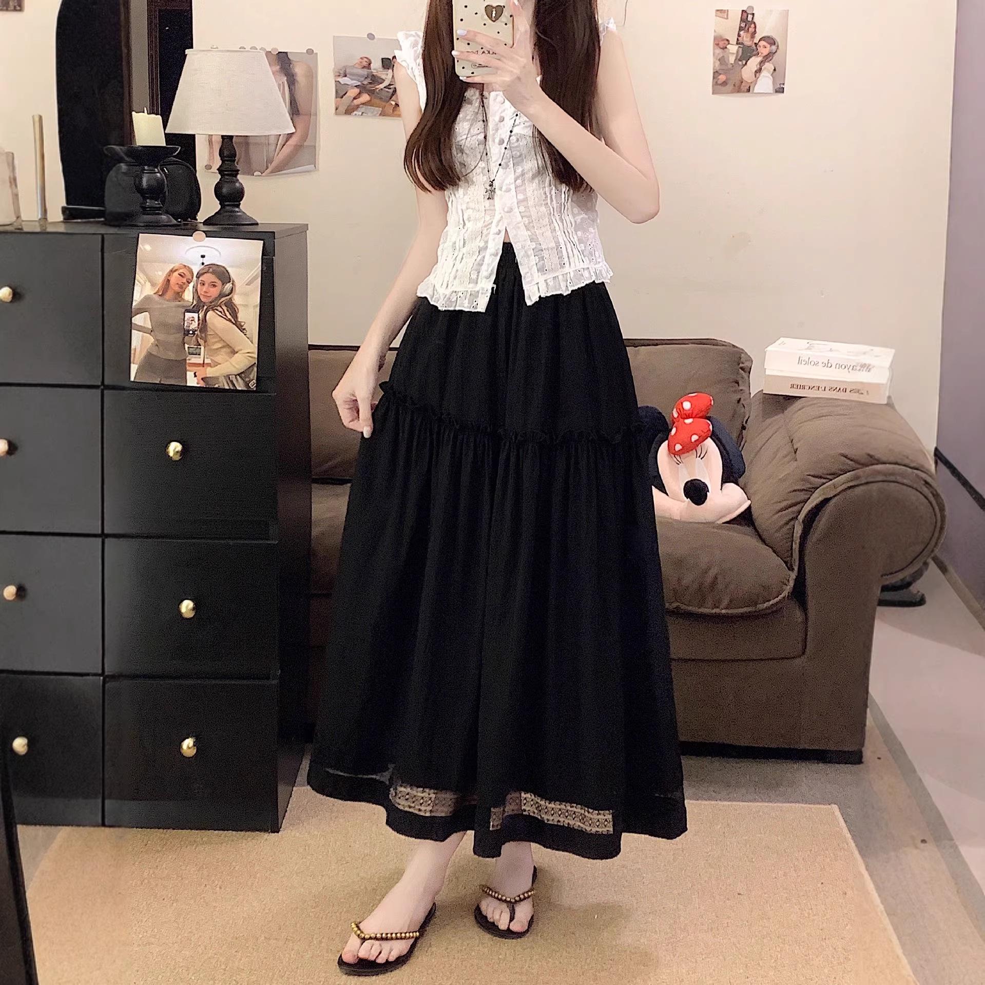 Women s Summer 2025 High-Waist A-Line Lace Patchwork Skirt L чёрный