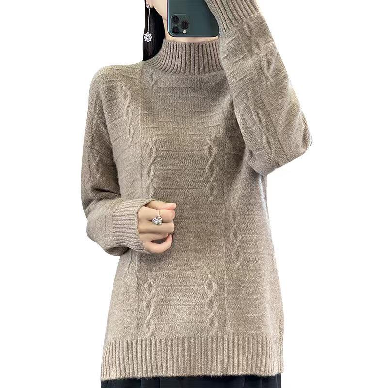 Women's High Neck Wool Sweater - Thick, Loose Knit Top for Autumn/Winter