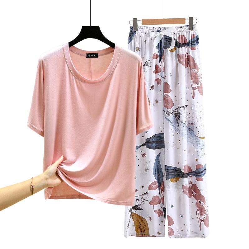 T-shirt girocollo in modal con pantaloni a gamba larga floreali in popeline Set pigiama estivo sottile Tuta casual larga per dormire Loungewear comodo tutto da abbinare