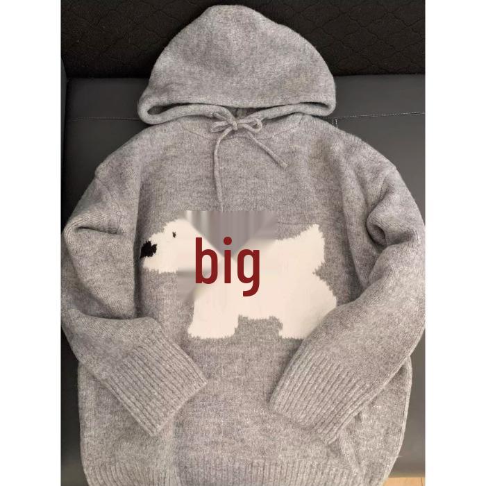 

Женский серый вязаный пуловер с капюшоном - Утепленный для осени и зимы, Маленький размер. One Size серый