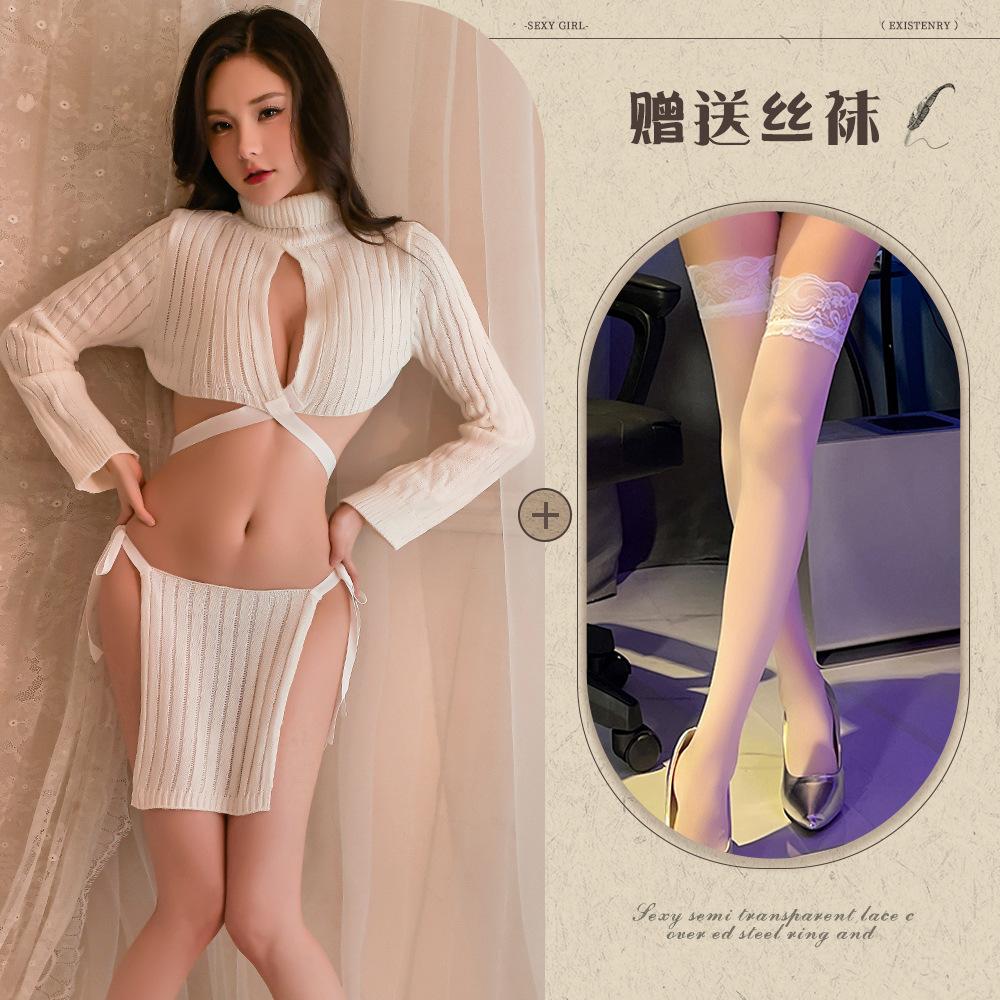 Sexy Chest Open Strap White Turtleneck Sweater Two-piece Set Erotic Underwear Uniform Temptation Two-dimensional Breast Wear