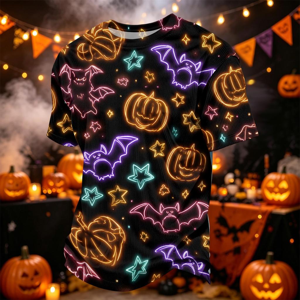 Men Casual Corduroy Short Sleeve Lightweight Breathable Round Neck Top Halloween Pattern Printed Shirt