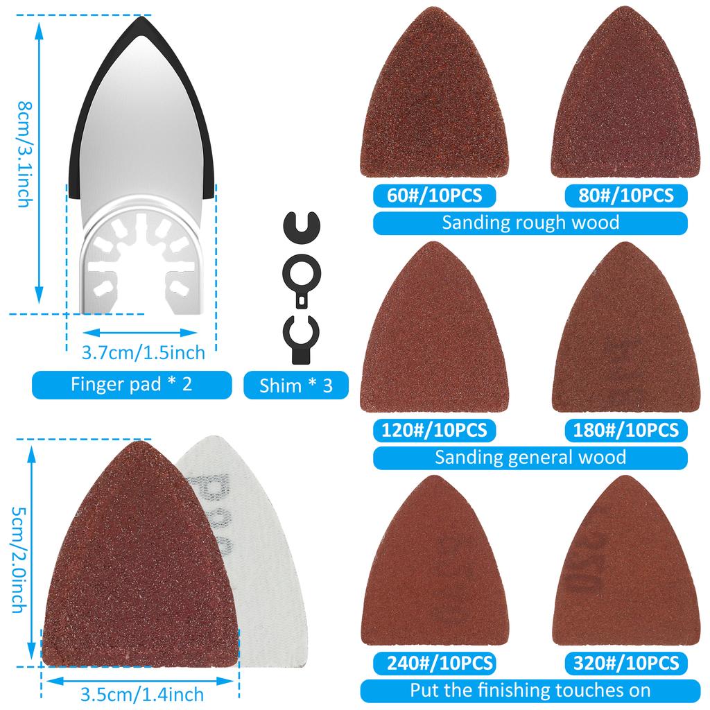 62/77Pcs Oscillating Multi Tool Sanding Pads and Finger Sandpaper Set Sanding Pads 60/80/120/180/240/320Grit Hook&Loop Sandpaper