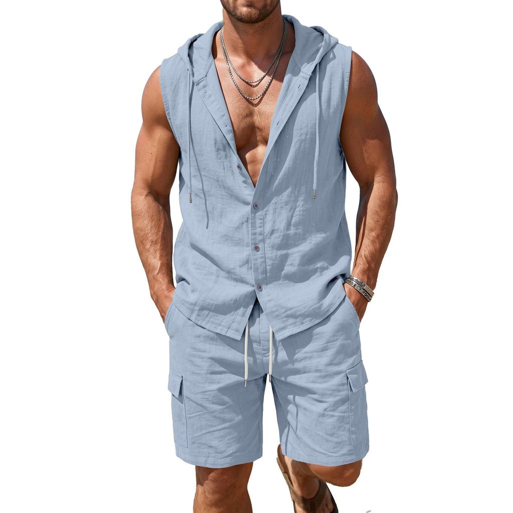 Men's Linen Hooded Shirt & Shorts Two-Piece Summer Set in Stock