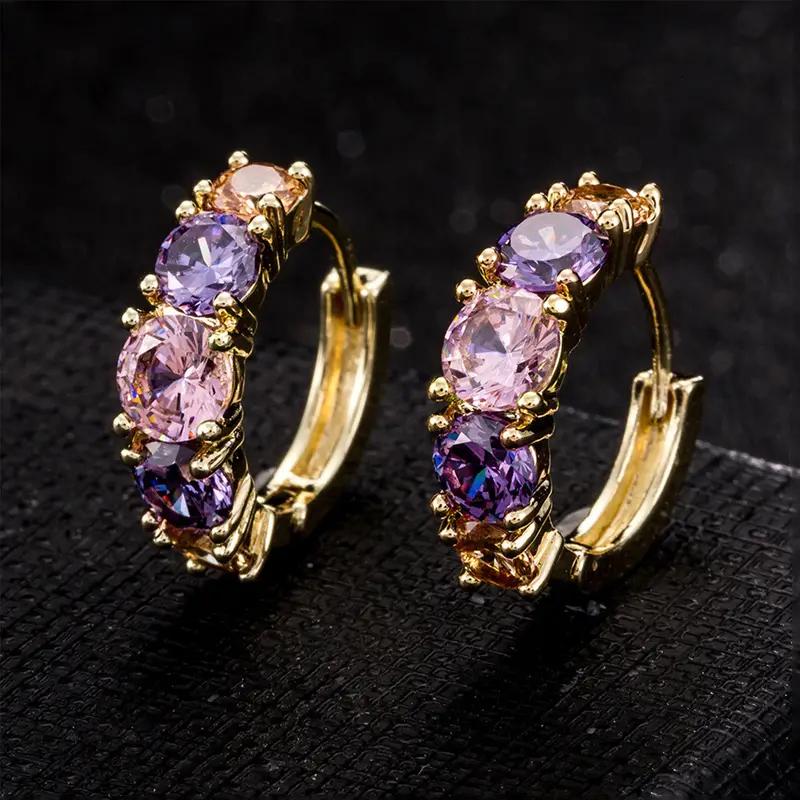 

Huitan Fashion Luxury Colorful Pink/Purple CZ Hoop Earrings for Women Newly Designed Bridal Wedding Earrings Gift Party Jewelry