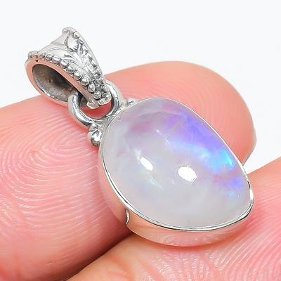 Natural Rainbow Moonstone Gemstone 925 Solid Sterling Silver Pendant 1" B5r94