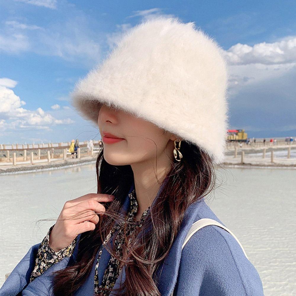 Warm Fisherman Cap Plush Basin Sun Cap Outdoor Plush Bucket Hat  for Women