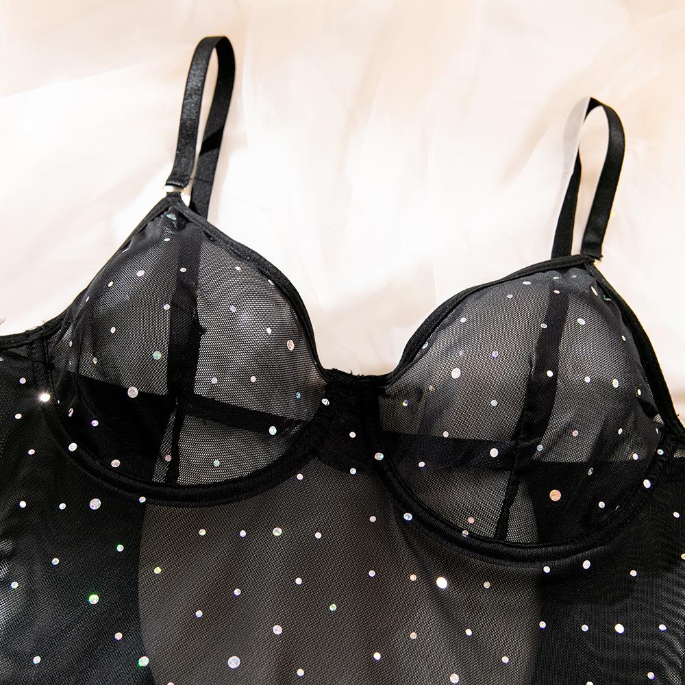 Tooxika Erotic Underwear Sequined Ladies Nightclub Style Steel Ring Gathered Gloves With Ropes Three-piece Set