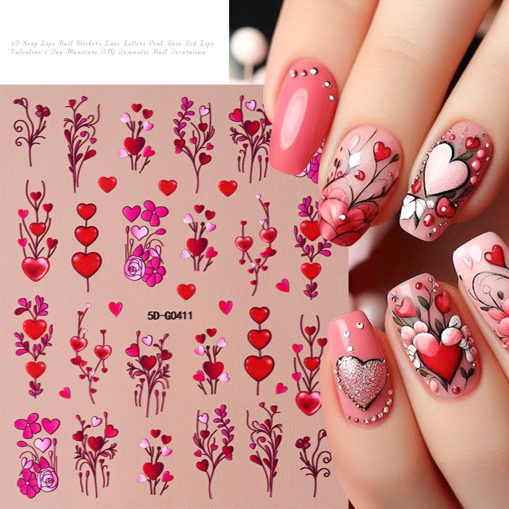 5D Embossed Sexy Red/Pink Lips Nail Stickers Self-Adhesive Blooming Red Lips Nail Decal Romantic Luxy Lady Lips Manicure Slider