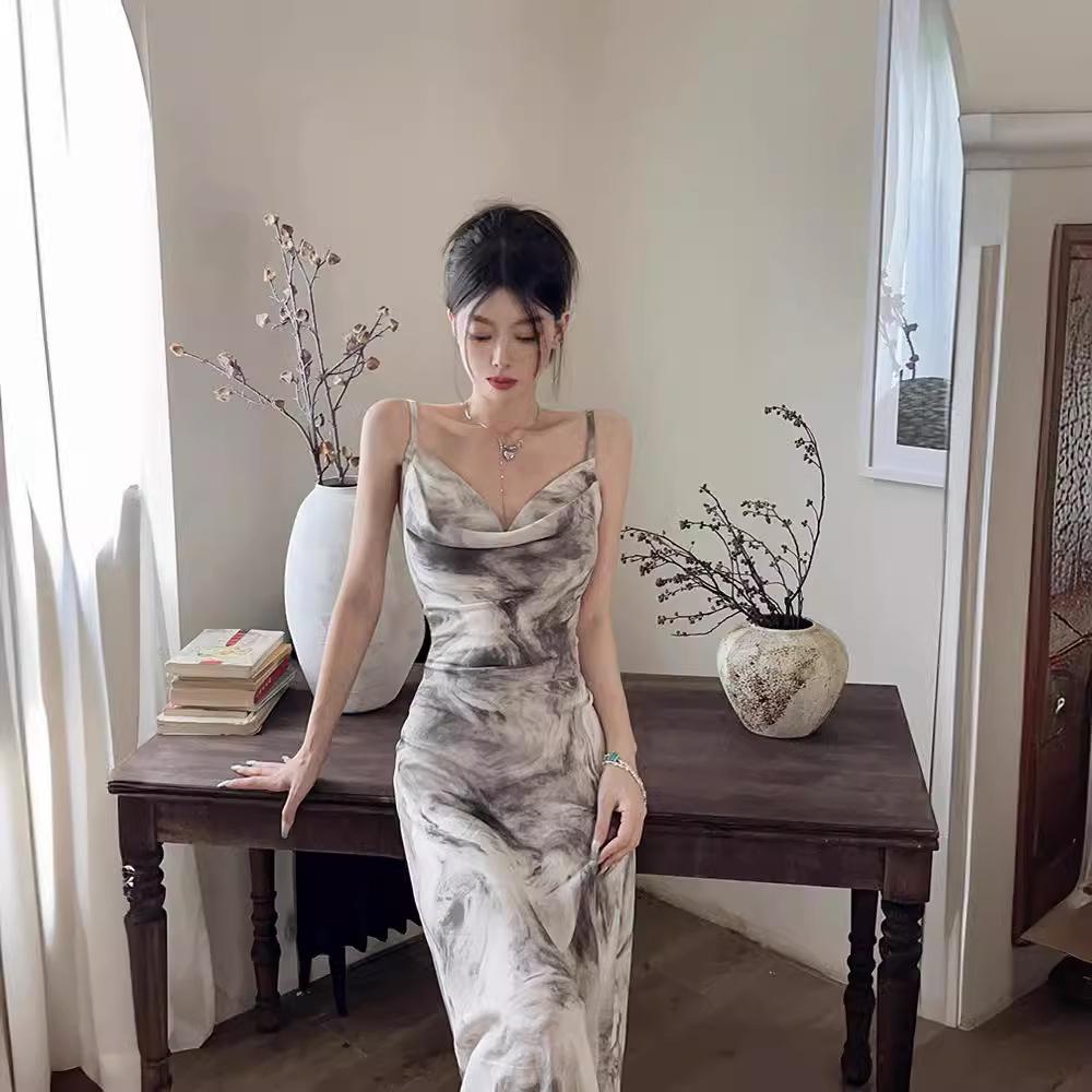 Retro Ink Painting Sleeveless Suspender Dress Female Summer Royal Sister Light and Familiar Wind Swing Collar Sexy Hip Fish Tail Dress