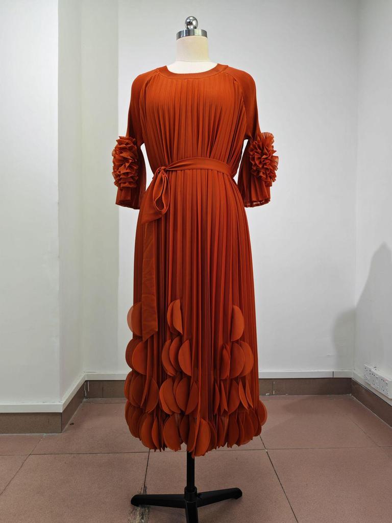 European & African Plus Size Floral Trumpet Sleeve Pleated Maxi Dress