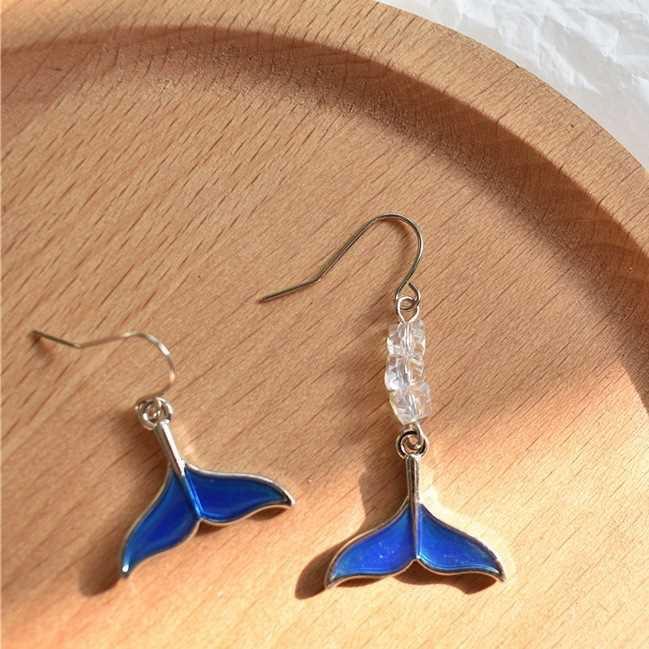 Dongdaemun temperament versatile asymmetrical dolphin fish tail earrings personalized transparent triangular crystal earrings