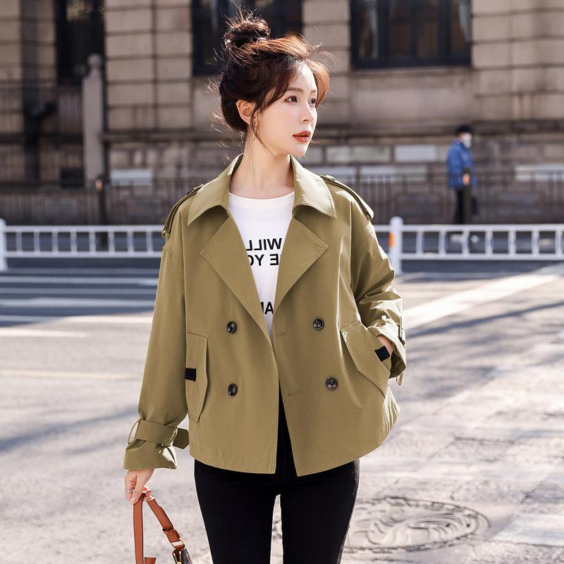 Fashion Casual Short Trench Coat Women's Spring New Double-breasted Small Man Design Khaki Jacket Tide