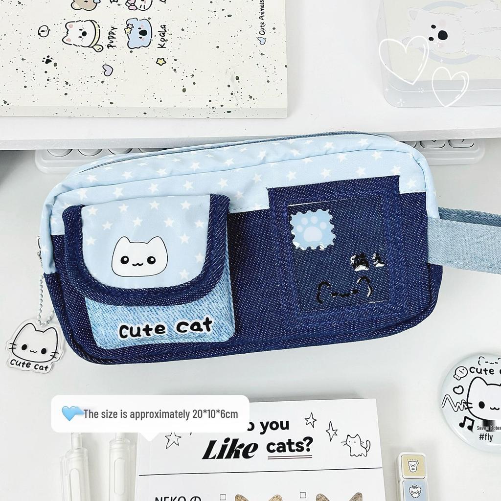 Polka Dot Cat Denim Pencil Case - Large Capacity Multifunctional Student Stationery Bag
