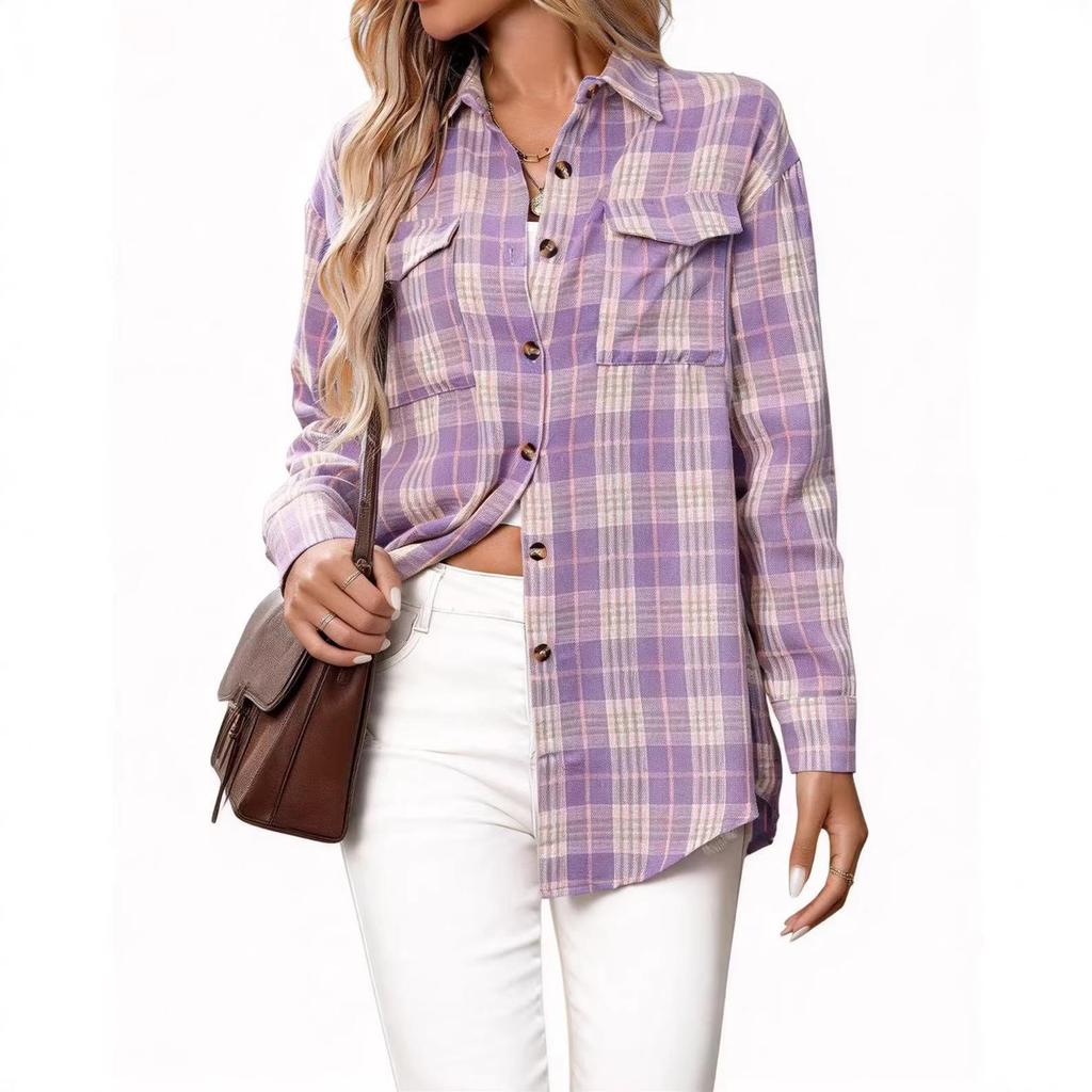 European & American Women's Casual Plaid Pocket Shirt – Autumn Winter 2025 Collection