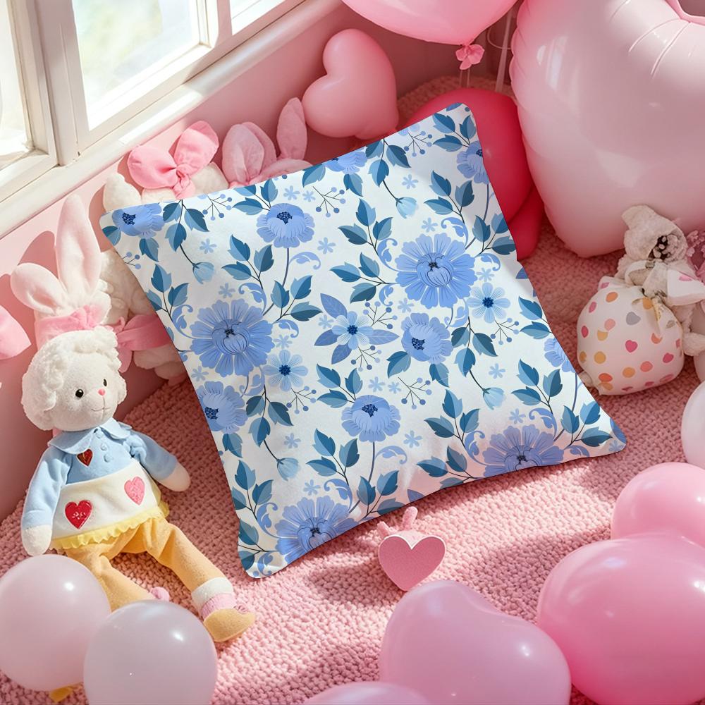 Elegant Blue Floral Cushion Cover Pattern Printed Pillowcase for Living Room Sofa Cushion Cover & Bedroom Decor