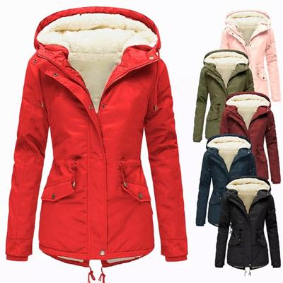 2025 Winter Women's Solid Color Hooded Parka Coat Thick Fleece Lined Cotton Jacket Outerwear
