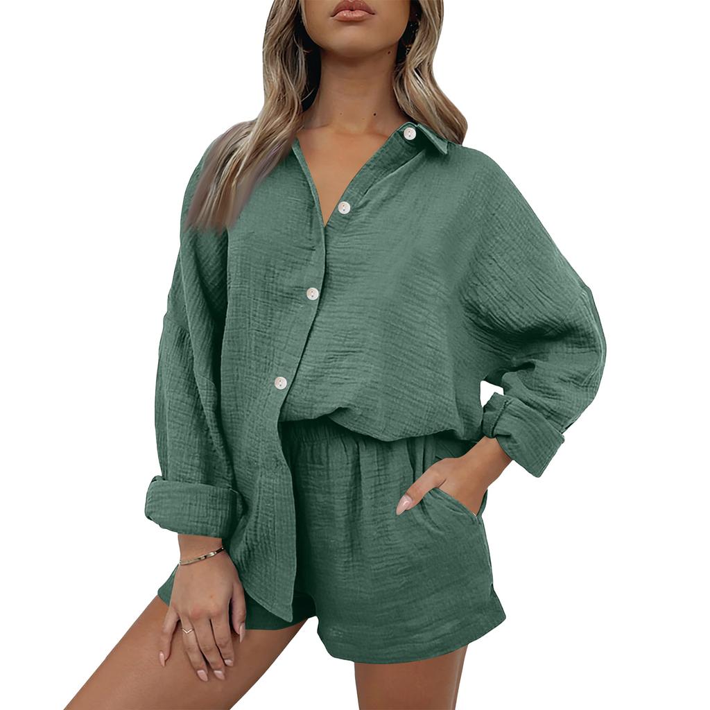 Women's Casual Color Long Sleeved Shorts Set, Crepe Home Set