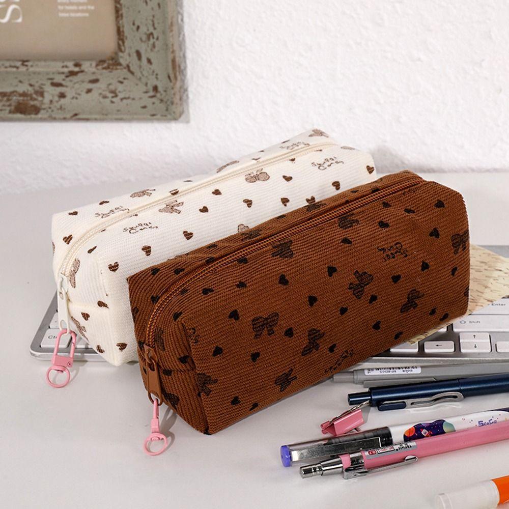 Bow & Heart Print Pencil Case Large Capacity Stationery Bag Simple Pen Bag  Students