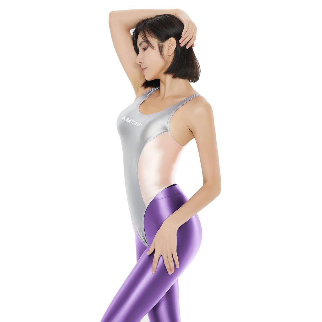 Leucothea Series Black and White Sexy Stretch Competition Swimsuit [AMORESY] High-brightness High-elasticity T-back (XL, Silver)