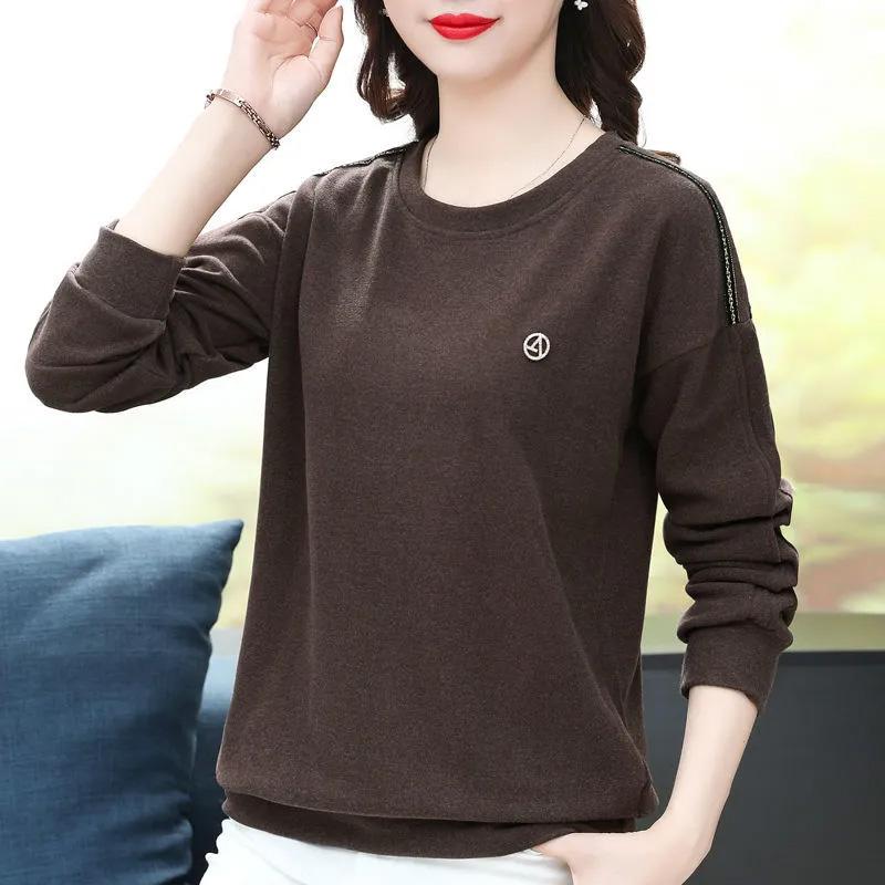 Dámské bavlněné tričko s dlouhým rukávem, volné topy, strečové, nadměrné velikosti, kulatý výstřih