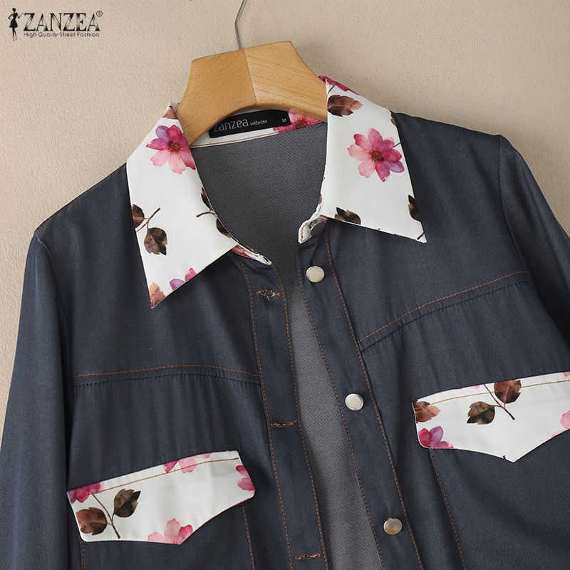 ZANZEA Women Floral Splice Turn Down Collar Long Sleeve Casual Blouse