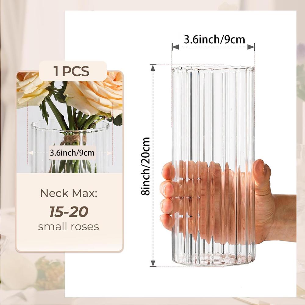 Glass Cylinder Vases,Bud Vase for Centerpieces,8 Inch Tall Ribbed Vase Hurricane Floating Candle Holder,Decorative Flower Vases