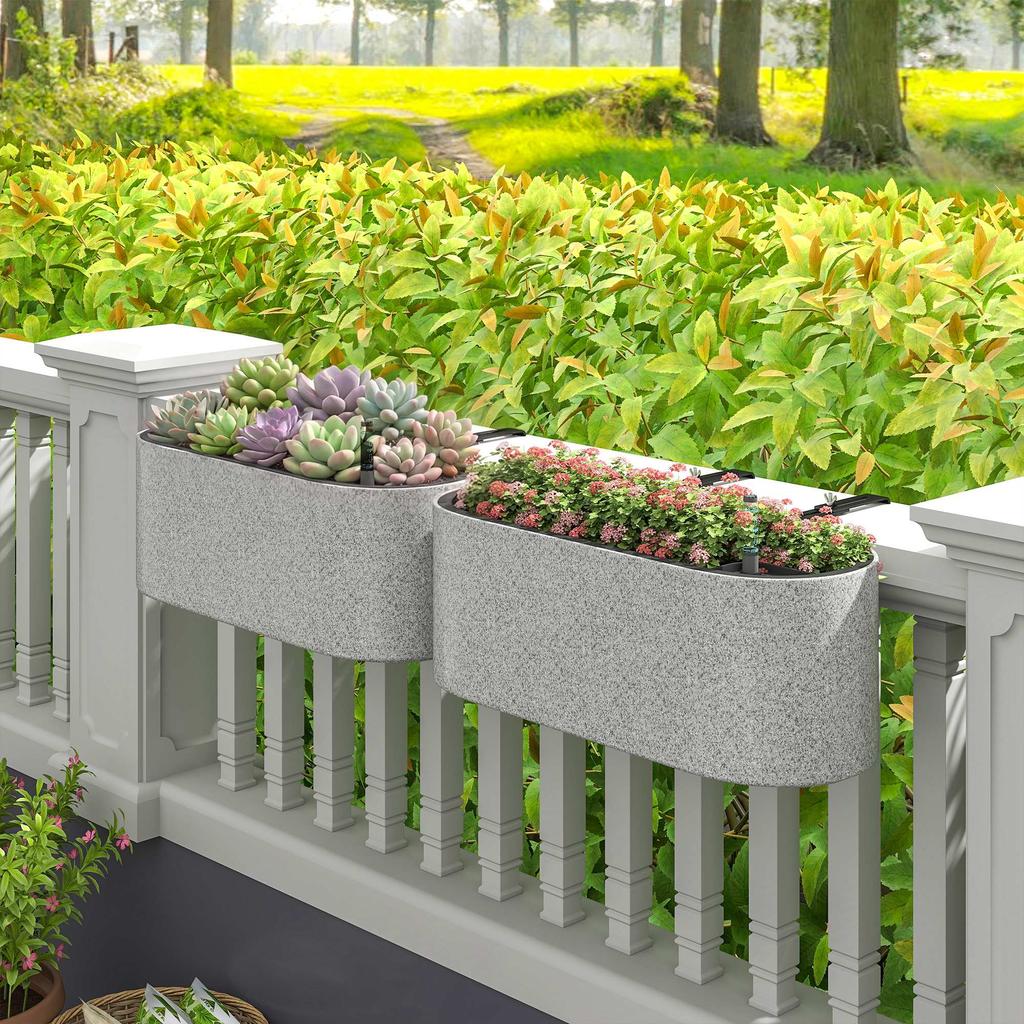 Set of 2 Hanging Flower Pots, Planters with Drainage System, Hole, Hooks, 42 x 16 x 15 cm, Light Gray