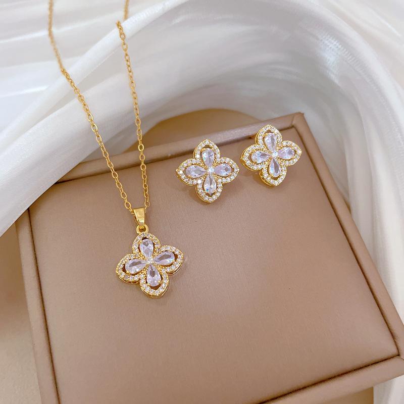Necklace Earrings Set Light Luxury Full Diamond Four-Leaf Flower Zircon Personality Temperament Banquet Earrings Necklace Group