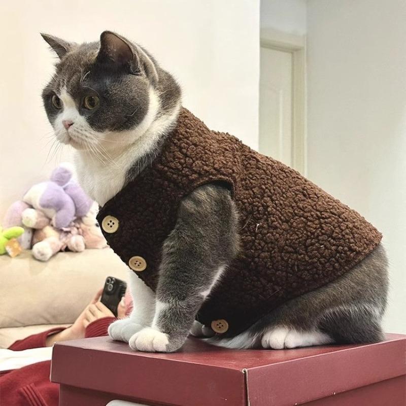 Cat Solid Waistcoat Autumn Winter Dog Warm Lamb Wool Waistcoat Thick Cotton Coat Two Foot Coat Pet Cotton Vset Small Medium Cat