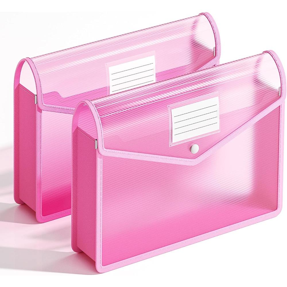 

2pcs Plastic Expanding File Folder Transparent Envelopes with Snap Closure Fit Letter A4 Size for School Office Home Hospital 2pcs Pink