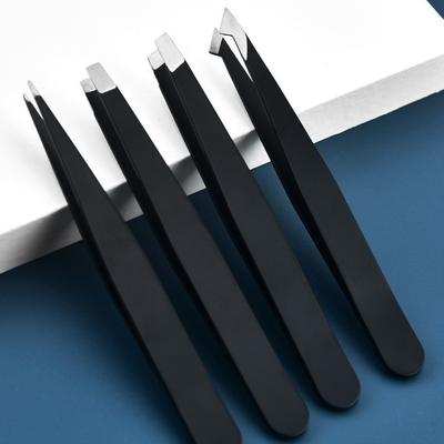 Black Stainless Steel Slanted Tip Eyebrow Tweezers with Packaging, Precision Beauty Brow Grooming Tool Set