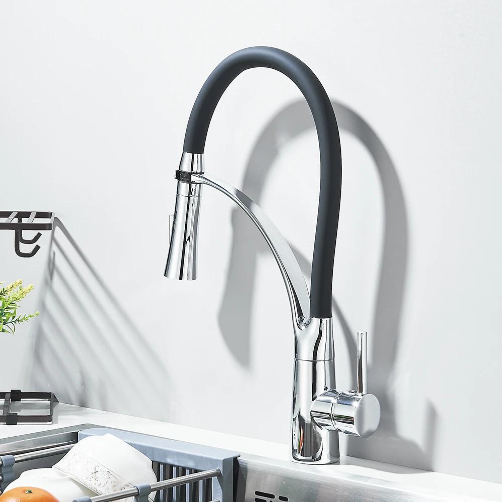 Chrome Rubber Kitchen Faucet Mixer Tap Rotation Pull Down Stream Sprayer Taps Hot Cold Water Tap One Handle Kitchen Tap