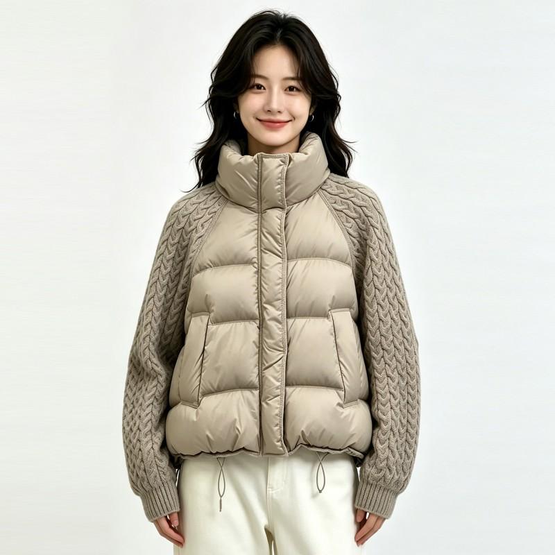 Womens Short Stand Collar Knit Panel Puffer Jacket Winter Warm Loose Cotton Coat