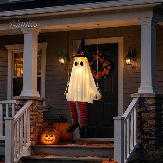 Ijesztő Tornácra Akasztható Díszek Halloween Lengő Szellem Dekoráció, Világító Nagy Lengő Fesztivál Hangulatú Kellékek Boszorkánykalap és Csíkos Lábak ehhez
