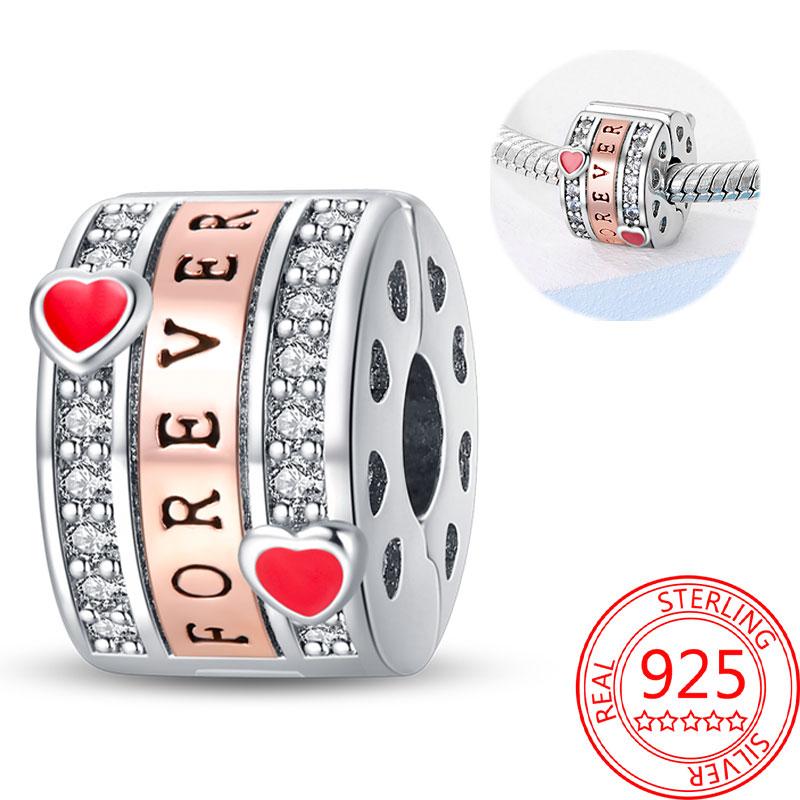 Breloque Pendentif Perles Cœur Rose Scintillant Cuivre Compatible Bracelet Original Pour Femmes Bijoux Cadeaux Saint-Valentin