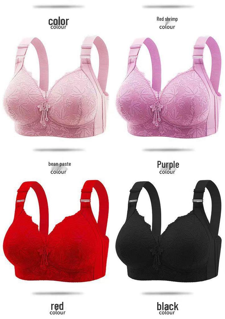 Plus Size Wire-Free Lace Bra: Breathable, Push-Up, Side Support, Anti-Sagging, Slimming Effect for Middle-Aged and Elderly Women