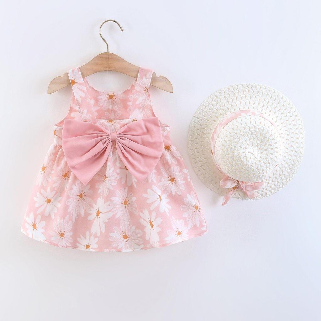 A749 Summer Baby Girl Princess Dress with Big Bow & Flower Skirt, Includes Hat, for Ages 1-4