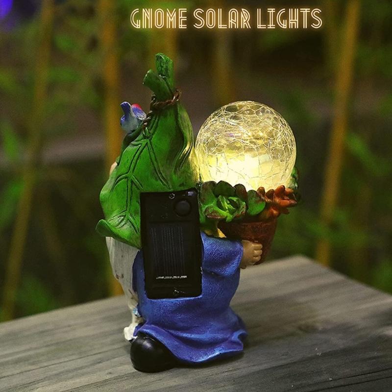 Outdoor Resins Gnomes Statue with LED Lighted Crack Ball Solar Powered Santa Figurine Ornament for Garden Patios Decors